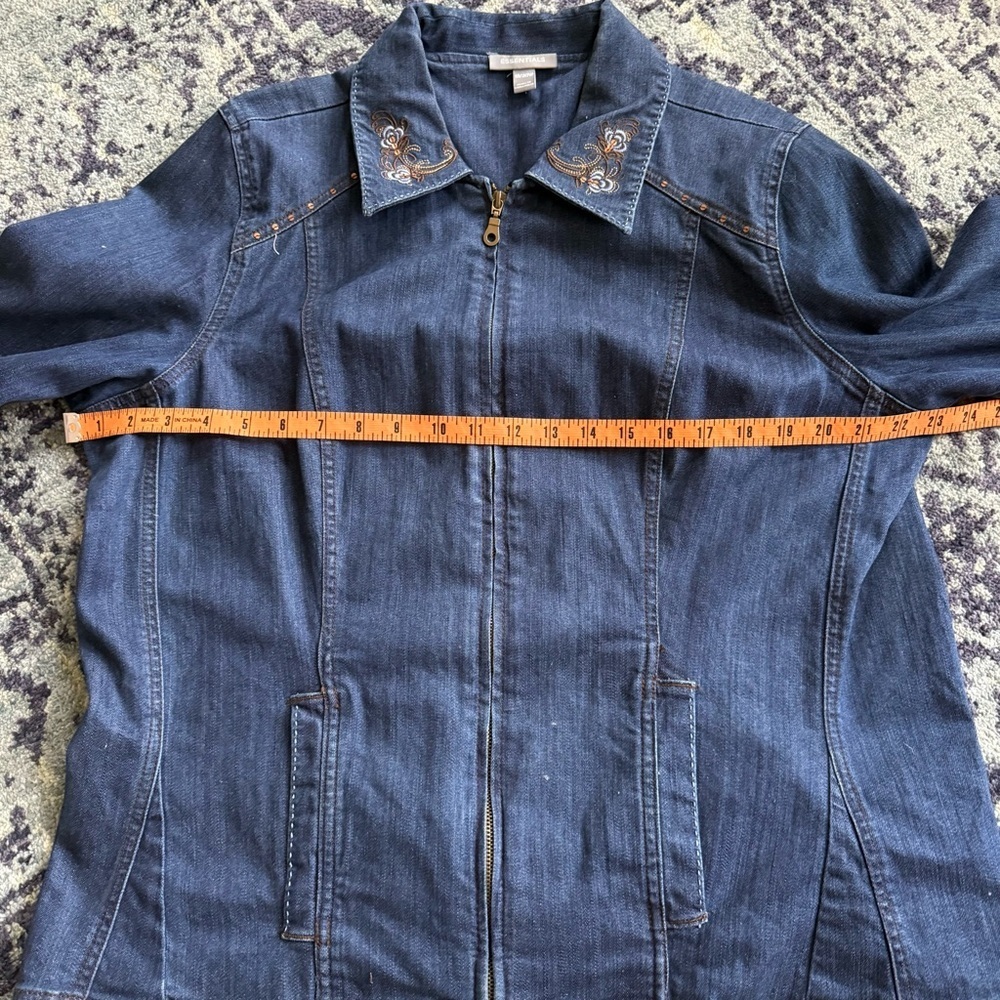 Women’s Y2K Dark Wash Essentials Sz 18 Embroidered Boho Zip-Up Denim Shacket - Picture 5 of 9